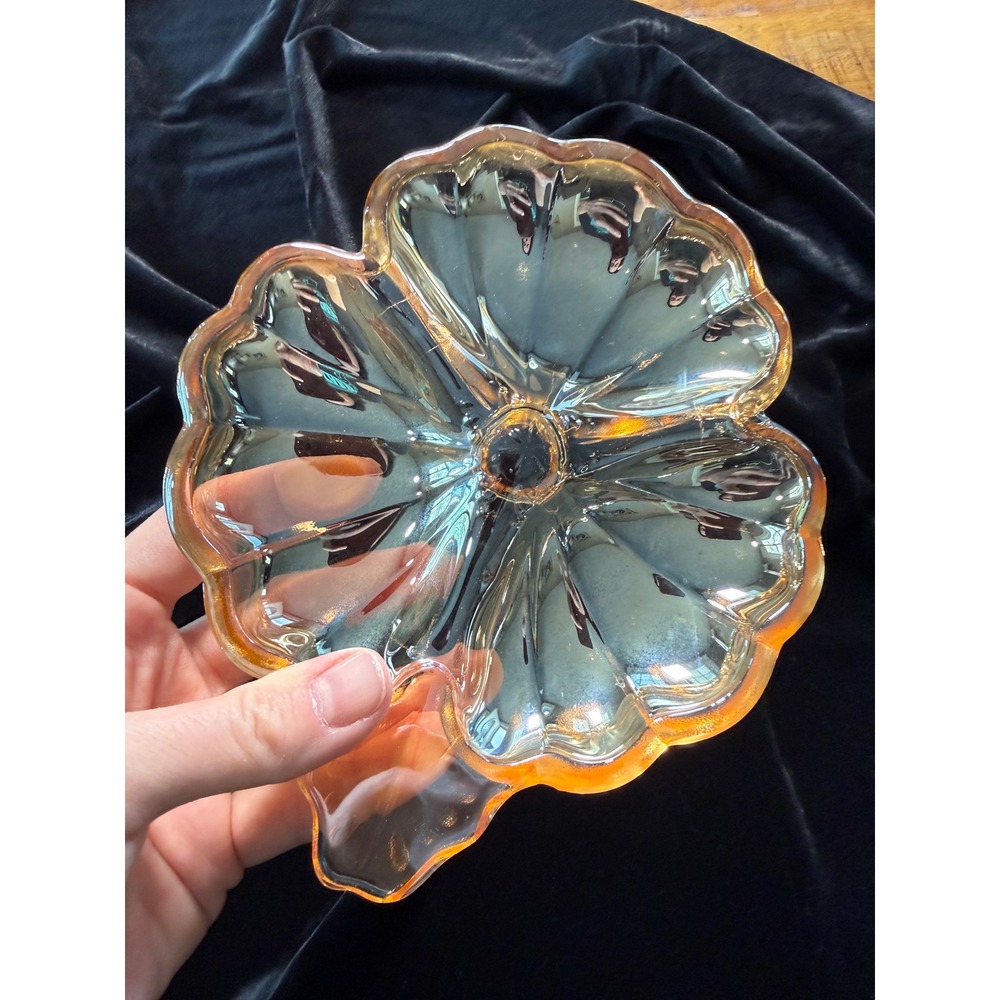 Vintage Marigold Carnival Glass Iridescent Flower Candy Dish Leaf Handle Amber - Picture 4 of 5